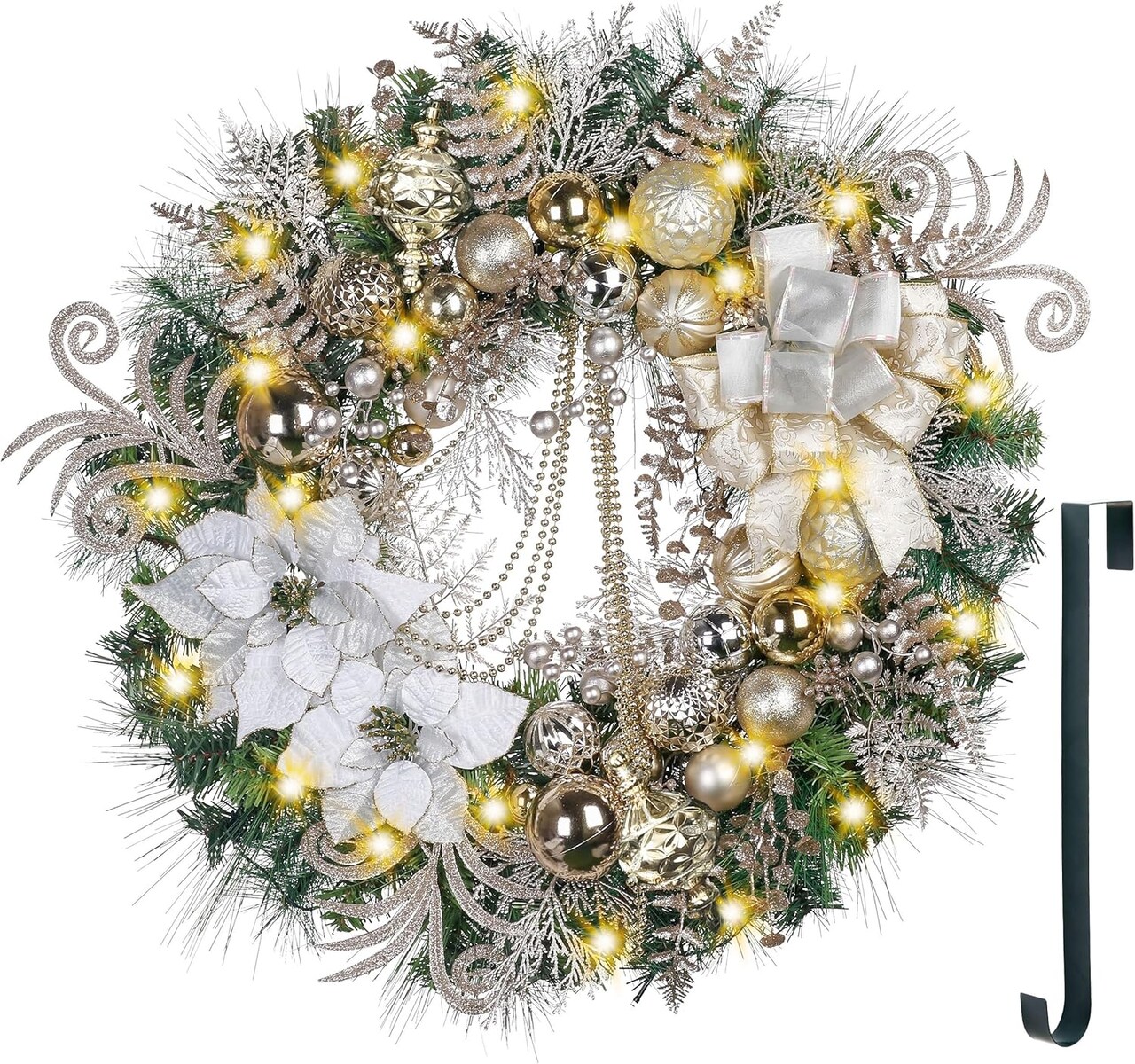 30" Pre-Lit Christmas Wreath for Front Door – Large Lighted Outdoor Wreath with White & Gold Xmas Balls, Beaded String, and Holiday Décor for Home, Porch, Fireplace, and Window